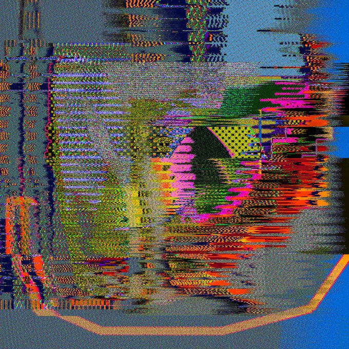 A heavily distorted digital glitch image with vibrant streaks of purple, green, orange, and pink overlapping against a blue background.