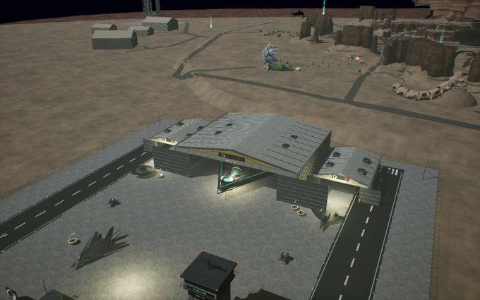 A 3D rendering of a futuristic space base or mining facility on a barren planetary surface, featuring a large gray hangar structure surrounded by landing pads and a spaceship in the distance.