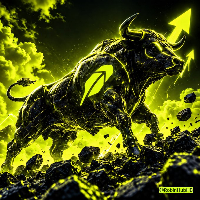 A stylized digital illustration of a glowing yellow-green mechanical bull with upward-pointing arrows on a rocky terrain, signed @RobinHubHB.