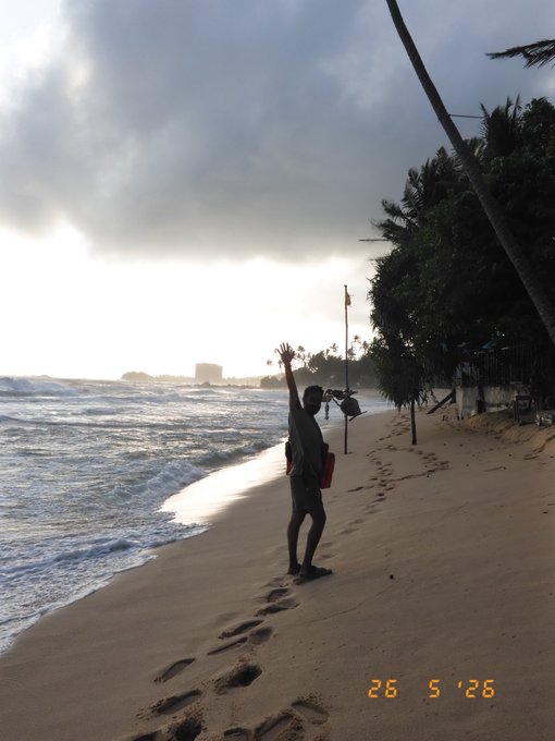 The image features a person standing on a beach, with their arms raised high above their head. The person appears to be enjoying themselves as they take in the beautiful surroundings. In the background, there are palm trees that add to the tropical atmosphere of the scene. The photo is taken from a low angle, which emphasizes the height of the person's arms and adds depth to the image.