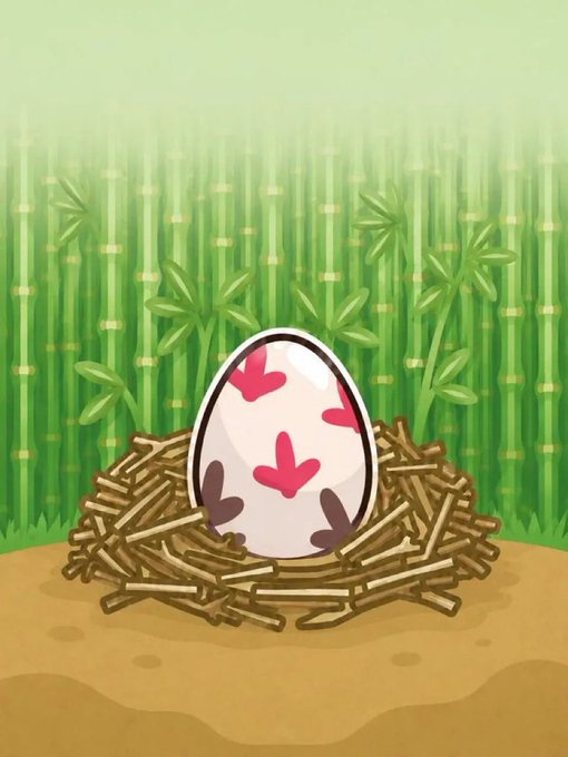 A cartoon illustration shows a white egg decorated with pink and brown spots sitting in a nest made of brown sticks, surrounded by green bamboo stalks.