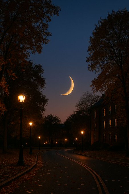 An evening landscape photograph showing a crescent moon in the sky above a curving road lined with lit street lamps and autumn trees.