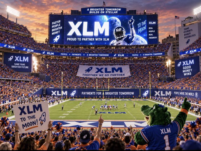 An AI-generated stadium scene featuring "XLM" (Stellar cryptocurrency) branding throughout, with banners reading "A BRIGHTER TOMORROW BUILDS ON STELLAR," "PROUD TO PARTNER WITH XLM," "XLM TO THE MOON!," and "PAYMENTS FOR A BRIGHTER TOMORROW," along with a green mascot character in the crowd.