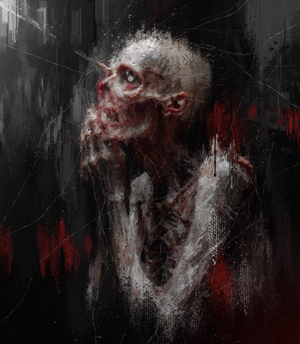A dark, gritty digital painting of a horrifying, decaying bald figure with milky eyes, set against a black background with streaks of red.
