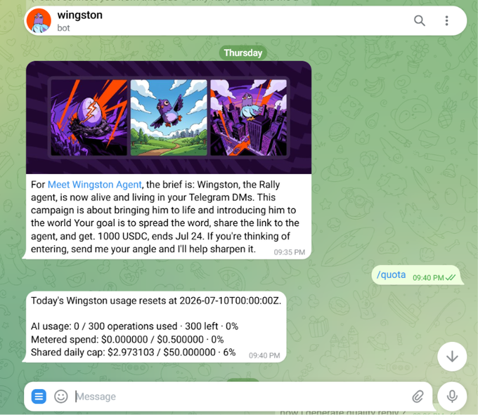 A Telegram chat with the 'wingston bot' about a Wingston Agent campaign offering 1000 USDC by July 24, displaying usage reset information, AI operations, metered spend, and shared daily cap.