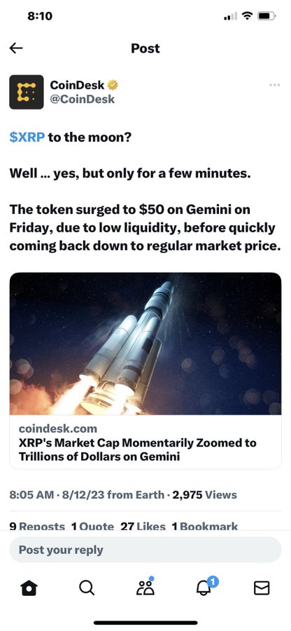 CoinDesk reports that XRP briefly surged to $50 on Gemini due to low liquidity before correcting, with the post titled "XRP's Market Cap Momentarily Zoomed to Trillions of Dollars on Gemini." The screenshot illustrates the exchange vulnerability theory mentioned, showing how thin order books can cause extreme price spikes that momentarily inflate XRP's market cap before quickly normalizing.