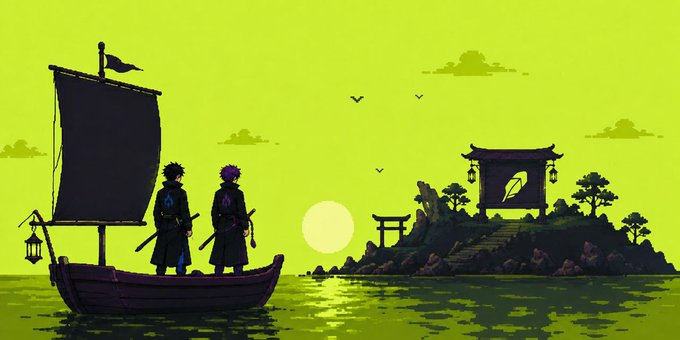 A pixel art illustration shows two silhouetted samurai figures standing on a wooden sailboat, gazing toward a small island featuring a torii gate, a shrine with a quill symbol, and a pagoda, all bathed in a green sunset.