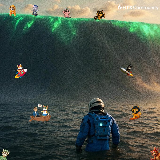 An astronaut stands before a massive green wave alongside various cartoon characters riding rockets, boats, and surfboards, with "HTX Community" displayed in the top right corner—symbolizing the community's readiness to ride the bullish "green wave" together for a legendary week.