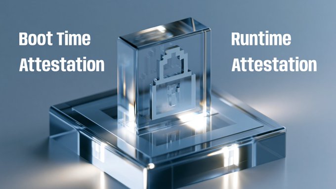 Promotional image showing two glass cubes with padlock icons, labeled 'Boot Time Attestation' on the left and 'Runtime Attestation' on the right.