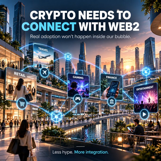 A promotional graphic with the headline 'CRYPTO NEEDS TO CONNECT WITH WEB2' and subtitle 'Real adoption won't happen inside our bubble,' featuring icons for Travel, Retail, Gaming, Finance, and Entertainment connected by glowing lines over a futuristic city.