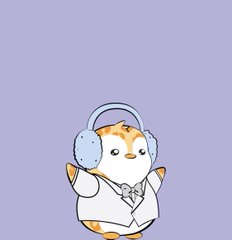 A cute cartoon illustration of a small orange and white cat character wearing fluffy earmuffs, a white hoodie, and a bow tie against a purple background.
