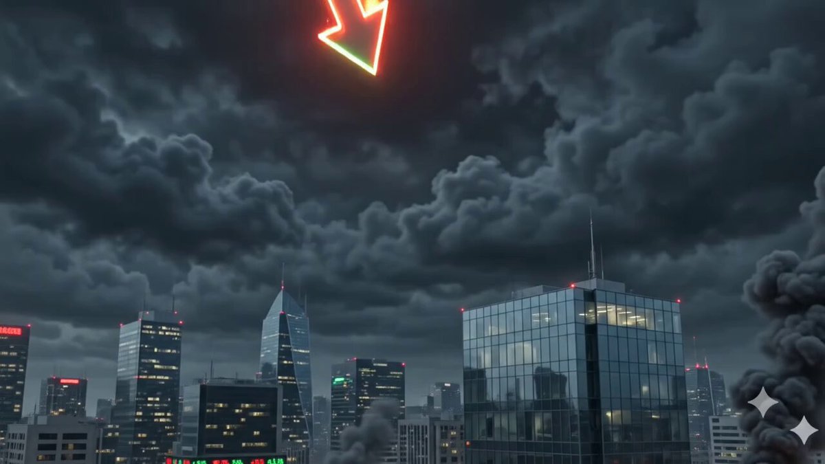 The image shows a city skyline with tall buildings, including skyscrapers that are illuminated by bright lights against a dark sky filled with clouds. The scene also features an arrow pointing downwards towards the center of the image, which appears to be a neon sign or a light source in the middle of the frame. The caption "The Bear Market Strike * Crash of the Digital Titans Gm people" suggests that this city is experiencing some sort of economic collapse or market crash, as indicated by the arrow's downward trajectory.