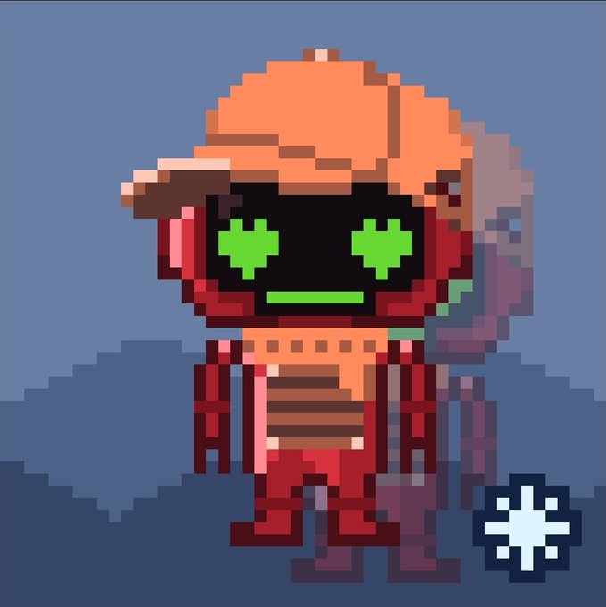 A pixel-art orange robot-like character with green plus-sign eyes stands against a blue background, with a white starburst symbol near the lower-right corner.