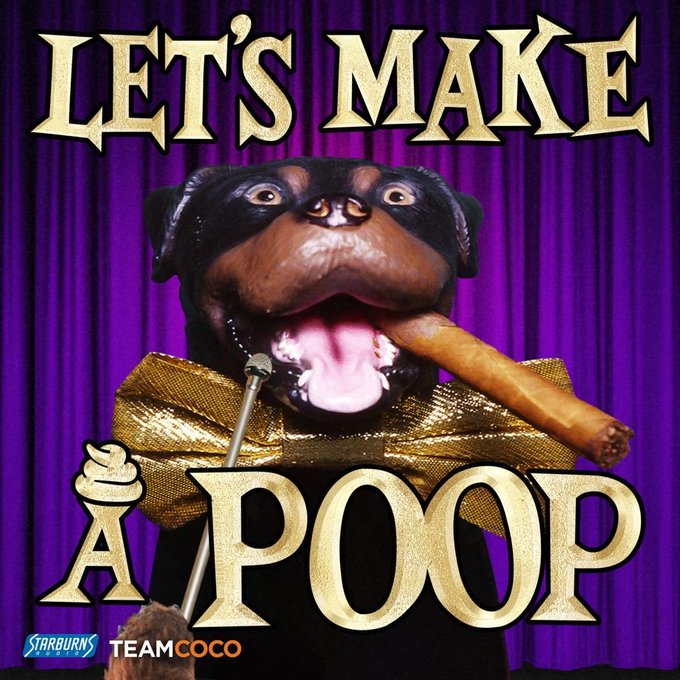The image features a cartoon dog wearing a gold bowtie, holding a cigar in its mouth, with the caption "Let's make a poo" written above it. The background of the image is purple, which complements the overall theme of the post. The text on the image seems to be related to cryptocurrency or Bitcoin, as there are mentions of "giga rape investors and flood money into crypto to launder it watch and learn dirty laundry".