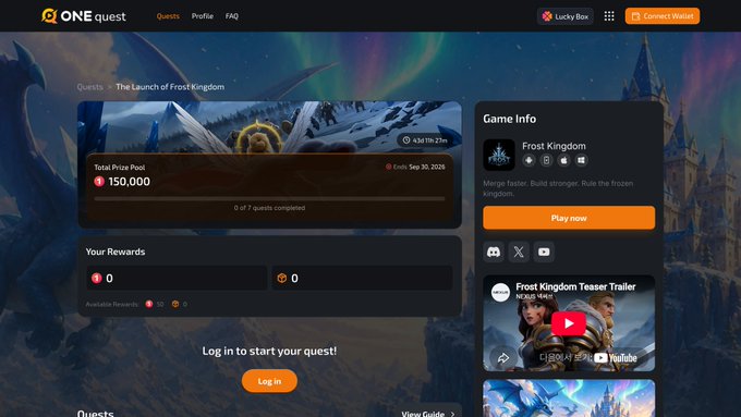 A screenshot of the ONE Quest platform shows a game page for 'Frost Kingdom' with a Total Prize Pool of 150,000 and 0 of 7 quests completed, prompting the user to log in.