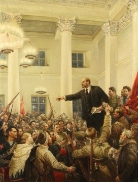 Vladimir Lenin addresses a passionate crowd of workers and revolutionaries in a grand hall, arms outstretched, with red flags raised throughout the assembly. The imagery of mass revolutionary fervor ties thematically to the post's bullish call on DeFi tokens $CRV, $AAVE, and $FRAX, suggesting an "insurrectionary" rally in crypto markets.