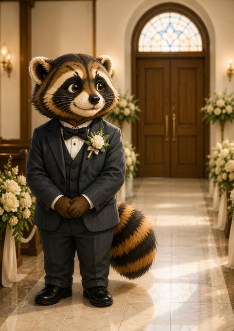 A digital illustration of an anthropomorphic red panda wearing a gray suit with a bow tie and a white boutonniere, standing in an ornate hallway decorated with white floral arrangements.