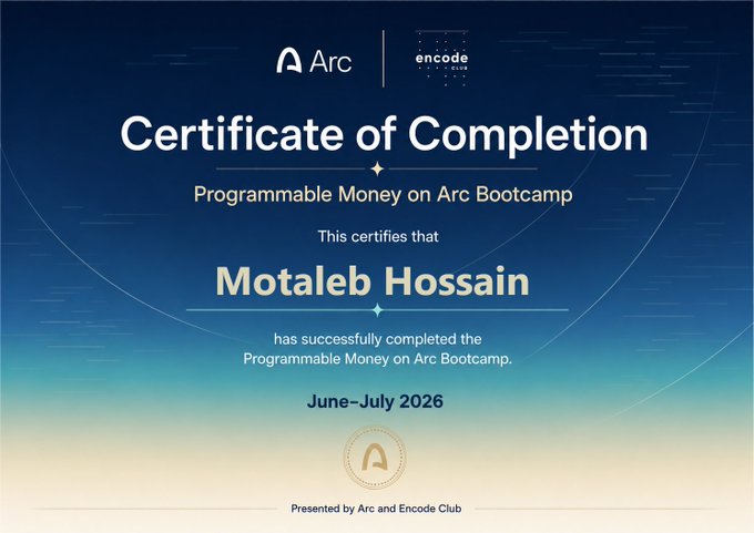 A 'Certificate of Completion' from Arc and Encode Club awarded to Motaleb Hossain for successfully completing the 'Programmable Money on Arc Bootcamp' during June–July 2026.