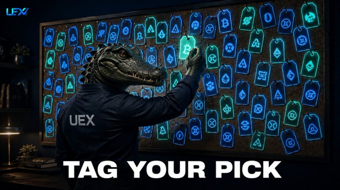 An advertisement for UEX features a person wearing a velociraptor mask and a jacket labeled "UEX," selecting a tag from a board of glowing neon cryptocurrency logos, with the tagline "TAG YOUR PICK" displayed below.