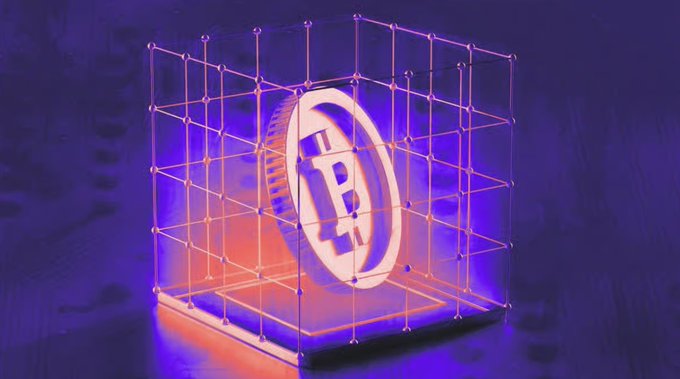 A glowing Bitcoin symbol is enclosed within a neon wireframe cube against a dark blue background, visually representing the digital, blockchain-based nature of cryptocurrency and tying directly to the post's discussion of Bitcoin ETFs like BlackRock's IBIT and their volatile price swings.