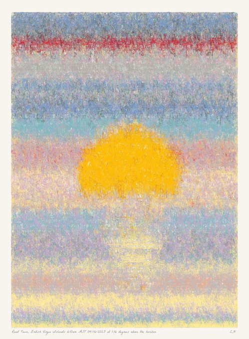 A pointillist painting of a bright yellow sun setting or rising over a pastel, multi-colored sky and sea. Text at the bottom reads 'Paul Town, Orkish Vogon Citadel, K'Tan .R.T.P 14/10/2023 at 1:16 dogmat above the horizon.'