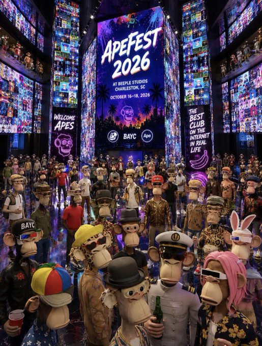 Promotional poster for "APEFEST 2026" at Beeple Studios in Charleston, SC, October 16-18, 2026, featuring a crowd of Bored Ape NFT characters, including BAYC and ApeCoin logos, with signs reading "WELCOME APES" and "THE BEST CLUB ON THE INTERNET IN REAL LIFE."