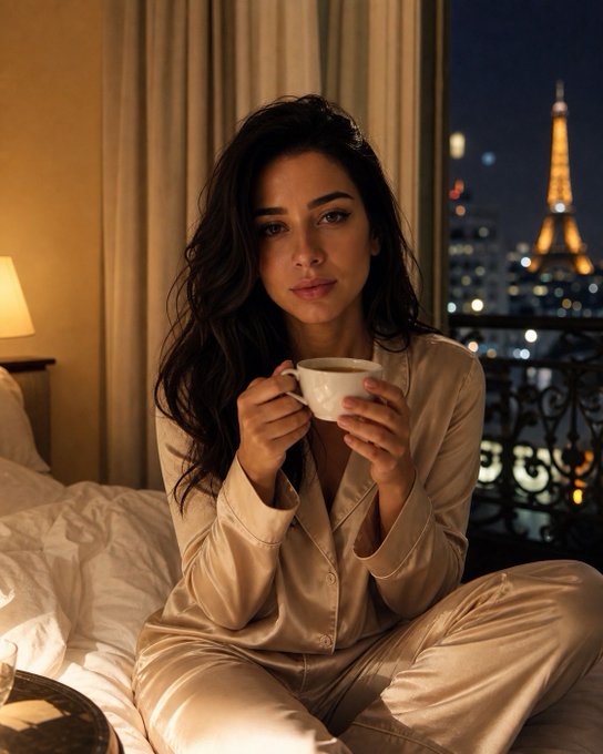 A woman in silk pajamas sits cross-legged on a bed holding a white teacup, with the illuminated Eiffel Tower visible through the window behind her at night.