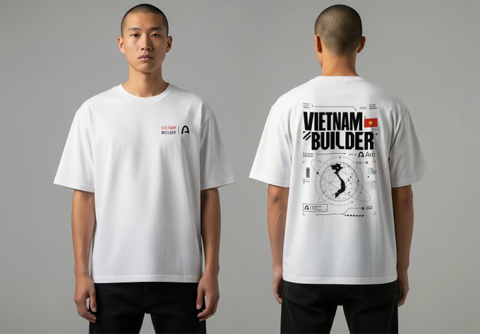 Front and back views of a white t-shirt featuring 'VIETNAM BUILDER' graphic design with the Vietnam flag and 'ARC' branding, modeled by a person with a shaved head.