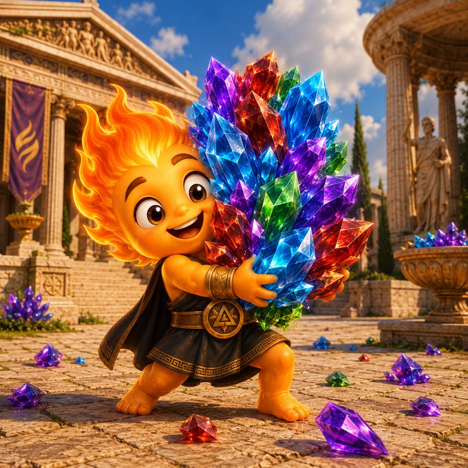 A 3D-rendered cartoon character with flame-like hair happily holds a large cluster of colorful crystals in a classical Greek temple setting.