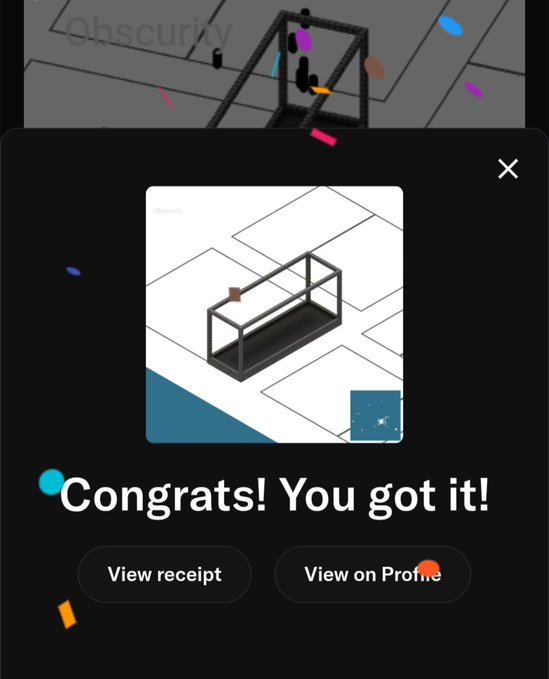 A mobile app screenshot celebrating a successful find on Obscurity with the text 'Congrats! You got it!' featuring a 3D model of a black display case.