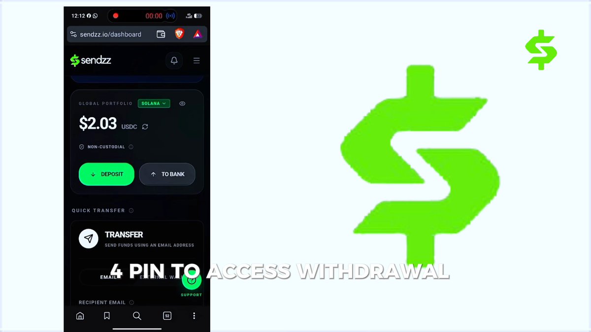 A screenshot of the Sendzz.io dashboard showing a '$2.03 USDC' Solana portfolio balance, paired with the green Sendzz dollar-sign logo and the text '4 PIN TO ACCESS WITHDRAWAL'.