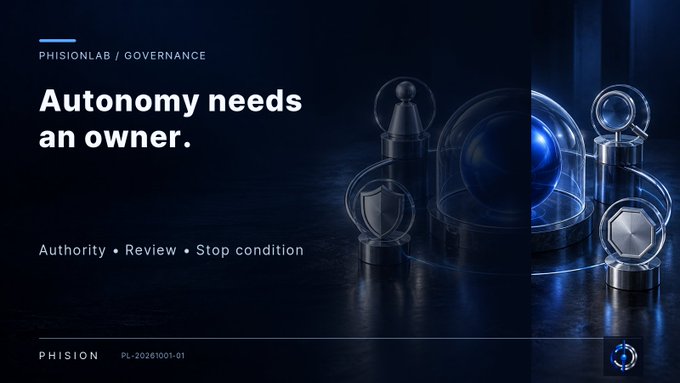A dark blue corporate presentation titled "Autonomy needs an owner" from PhisionLab Governance, displaying chess pieces and tokens with the subheadings "Authority, Review, Stop condition" and document ID "PL-20261001-01".