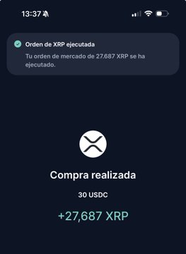The image shows a mobile app notification confirming the execution of an XRP market buy order for 27,687 XRP at a cost of 30 USDC, indicating a completed purchase. However, the post mentions daily purchases of $XLM and $HBAR, which contradicts the image that displays an XRP transaction, suggesting a mismatch between the post's text and the screenshot content.
