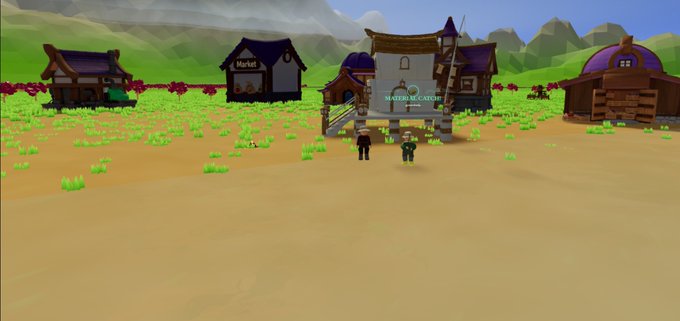 A 3D video game scene showing a village with buildings labeled 'Market' and 'Matchmaker', featuring two small character figures standing in a sandy area with grass.