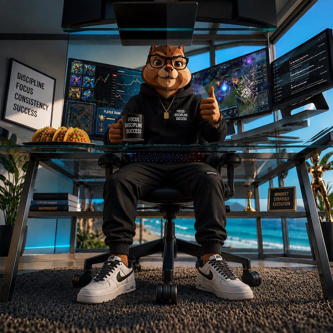 An anthropomorphic cat character wearing glasses and a black "FOCUS DISCIPLINE SUCCESS" hoodie, sitting at a gaming desk with multiple monitors, eating tacos, and giving a thumbs-up in front of a beach view.