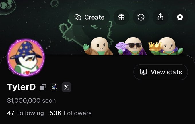 The image shows a Pump.fun profile for "TylerD" with 50K followers, displaying a "$1,000,000 soon" status message that aligns with the celebratory post about reaching the 50k follower milestone.