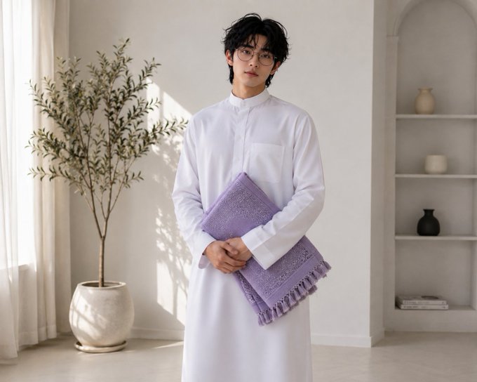 A young man with glasses wears a white traditional thobe and holds a folded purple prayer rug, standing in a bright, minimalist room with an olive tree in a white pot.