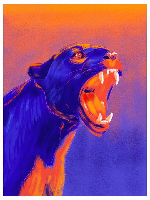 A vivid digital artwork of a snarling panther-like creature, rendered in striking purple and orange hues against a gradient sunset background, fitting the "neon dusk" theme of the auction.