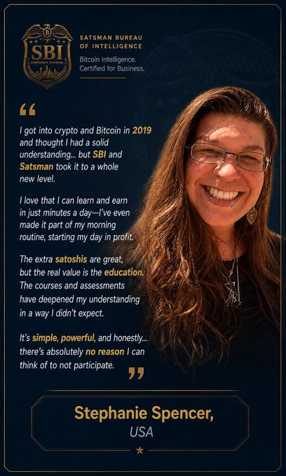 SBI Satsman Bureau of Intelligence testimonial graphic featuring a smiling woman named Stephanie Spencer from USA, praising the educational courses and her cryptocurrency learning experience.