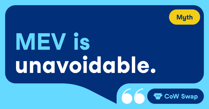 A graphic stating 'MEV is unavoidable' labeled as a 'Myth' with the CoW Swap logo.