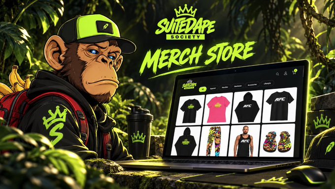 A promotional graphic for 'SUITEDAPE SOCIETY MERCH STORE' features a cartoon gorilla wearing a neon green cap alongside a laptop displaying merchandise including t-shirts and tank tops in various colors.