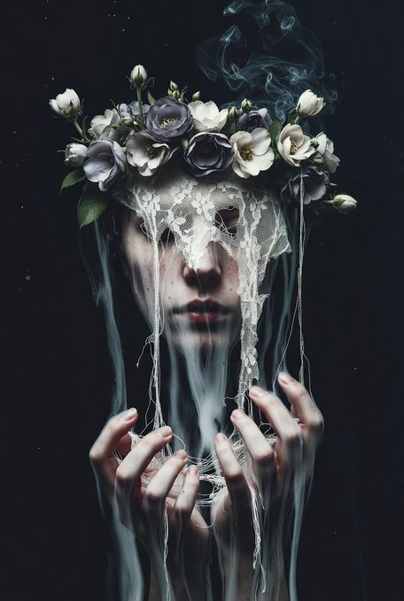 A figure with a floral crown and lace veil covering their eyes cradles wisps of smoke in their hands against a dark backdrop, evoking themes of mystery and fragility—fitting for an NFT artwork celebrating a successful sale.