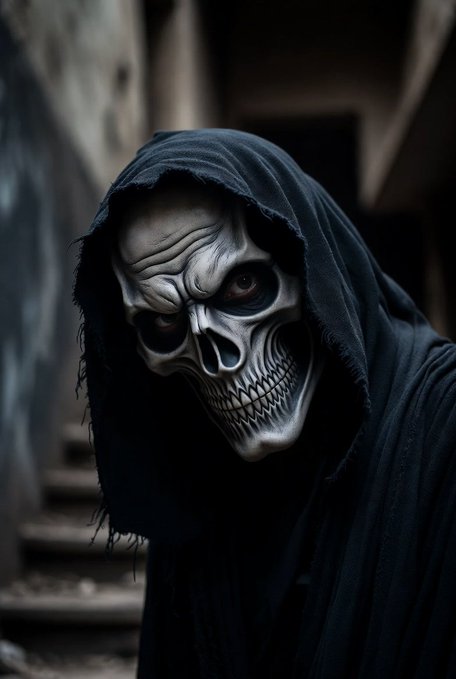 The image features a person wearing a scary mask, which appears to be a skull or gothic style mask with a hood. The person's face is partially obscured by the mask, making them look eerie and mysterious. They are standing on some stairs, adding to the overall atmosphere of the scene. The post seems to be promoting an event or gathering related to Halloween or a similar theme, as indicated by the use of the mask in the image.