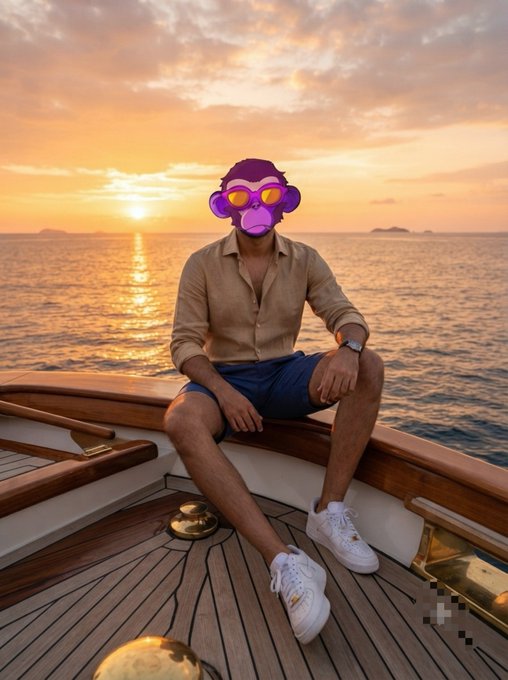 A person wearing a tan shirt, blue shorts, and white sneakers sits on a wooden boat at sunset, with a purple monkey emoji covering their face.