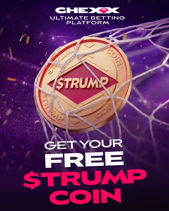 The image features a poster for a football tournament, with a large gold coin attached to a net that has " TRUMP" written on it. The text below the coin reads "Get your FREE $TRUMP COIN One move unlocks your reward Go to cutt.ly/chexx". This suggests that there is an offer for a free Trump Coin if someone participates in or wins the football tournament, and the post encourages people to take advantage of this opportunity by entering the competition.