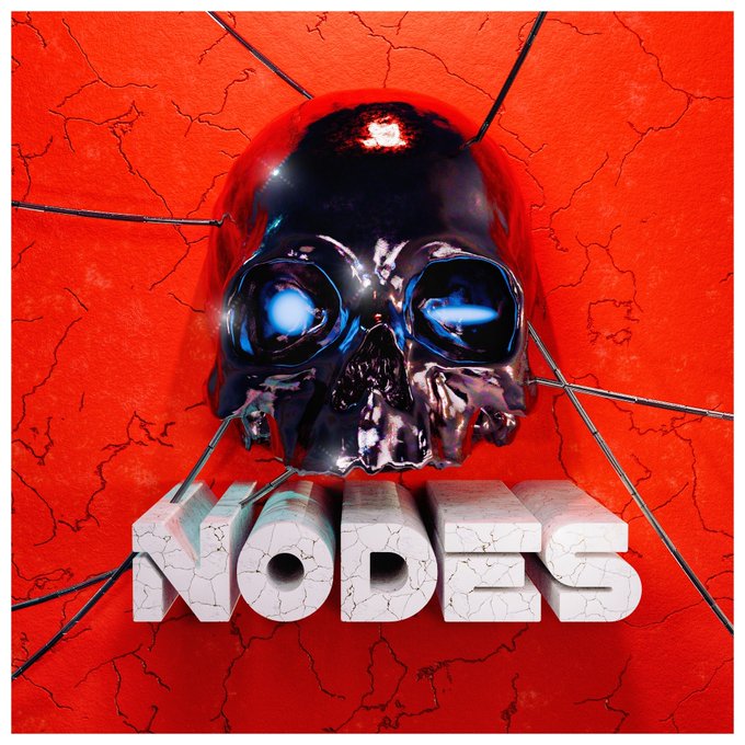 A graphic showing a shiny metallic skull with glowing blue eyes against a cracked red background, with the word 'NODES' in large 3D text below.