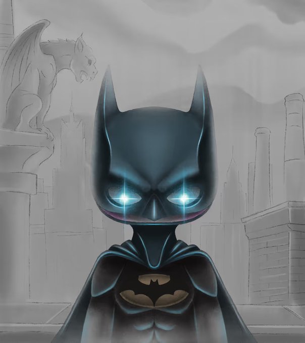 A chibi-style Batman with glowing eyes stands in the foreground against a sketched Gotham City skyline featuring a gargoyle, with a small smile subtly visible on the dark cowl—evoking a quietly triumphant mood that aligns with the post's celebration of the "pyopyopyopyo #91" NFT sale and its bullish implication for 1/1 art sales.