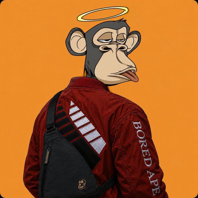 A cartoon monkey character with a halo wearing a maroon 'Bored Ape' jacket and carrying a black sling bag against an orange background.
