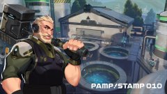 A muscular video game character with white hair and sunglasses stands in an industrial setting, with text reading 'PAMP/STAMP 010'.