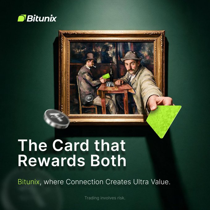 A Bitunix advertisement features a framed classical painting of two card players, with one figure reaching out of the frame to hand over a glowing green card, alongside a coin labeled "UL," promoting the campaign: "The Card that Rewards Both — Bitunix, where Connection Creates Ultra Value."